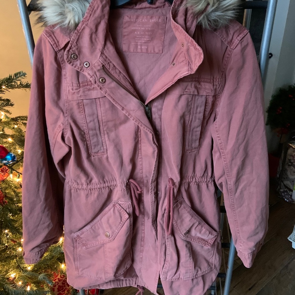 AE Pink Coat w/ Faux Fur Trim Hood